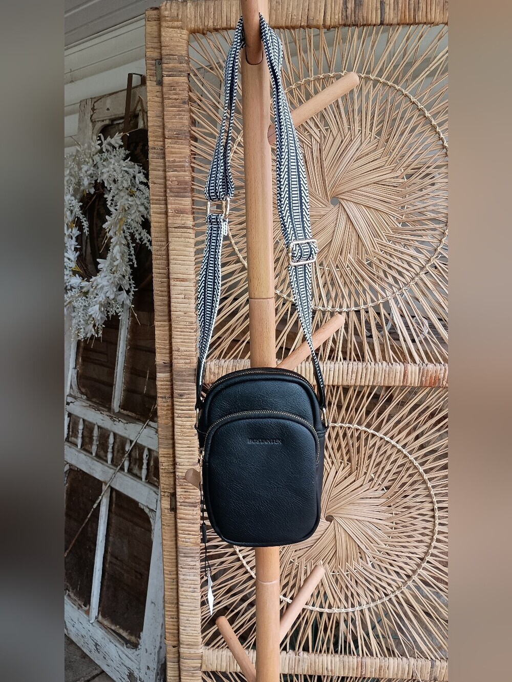 Bostonian Black Crossbody Bag with Patterned Strap